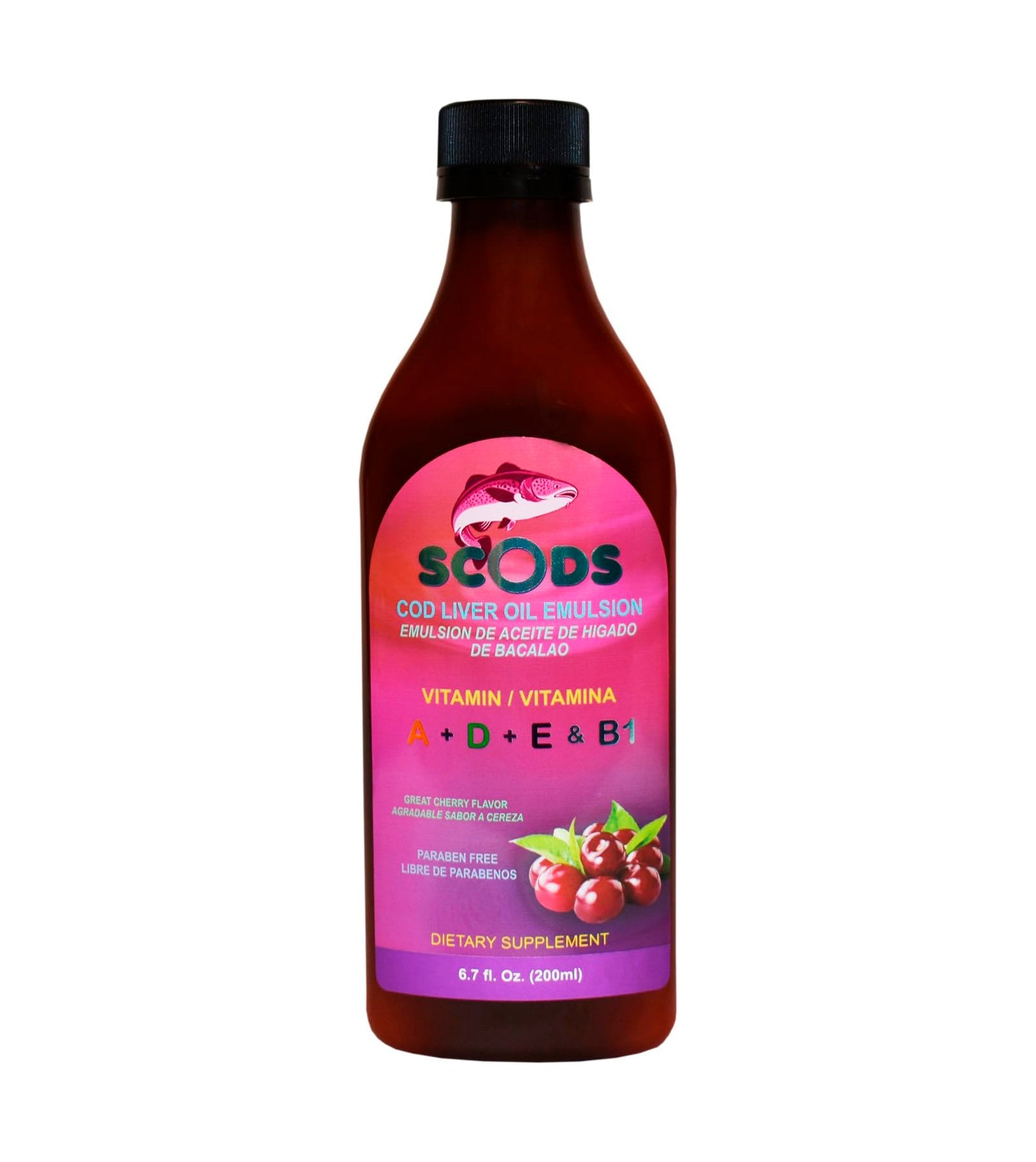 Emulsión de Scods Cereza Aceite de Hígado de Bacalao Emulsión Cereza 6.8 fl oz Vitamina A + D + E y B1 - La Tiendita de la Jose
